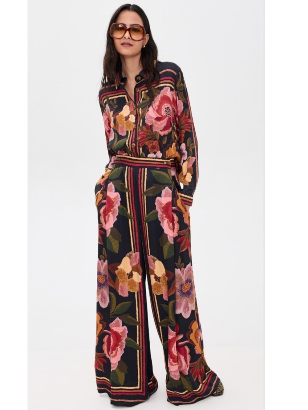 FARM Rio Wrap-effect pleated floral-print twill wide-leg pants Size XS NWT